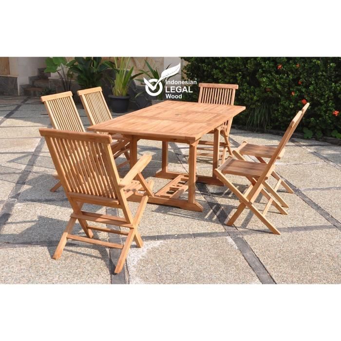 Salon de jardin - 6 personnes - KAJANG - Concept Usine - Teck massif - Table Rectangle - 4 chaises + 2 fauteuils - Marron