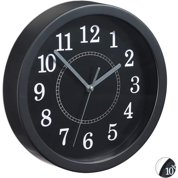 Horloge Murale Ronde Plastique – 20 Cm – Fond Noir – Quartz – Sans Marque