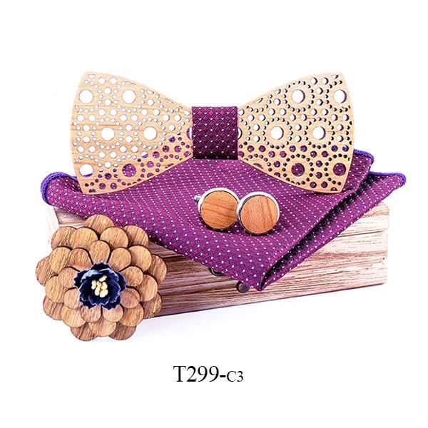 Noeud-papillon fait couleur mauve, pochette veste et bouton manchette