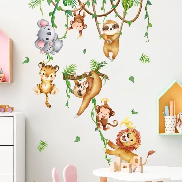 Stickers Muraux Animaux Jungle - Décoration Enfant Singe Koala Arbre - Autocollant Amovible 95x90cm