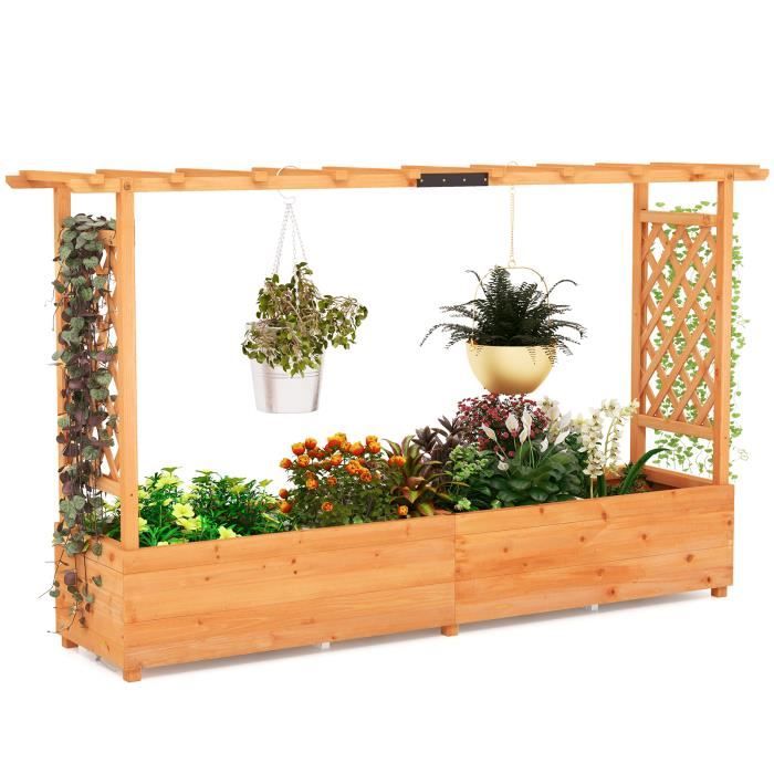 COSTWAY Jardinière avec Treillis Latéraux - Toit Suspendu Trou de Drainage Bois Sapin Pré-huilé 2 Bac à Fleurs - 200x44x114 cm