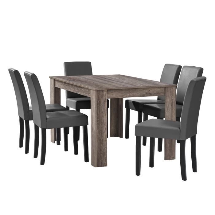 en.casa Table à manger en chêne ancien avec 6 chaises gris-foncé cuir-synthétique rembourré 140x90