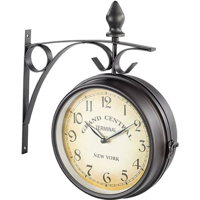 Horloge Murale Rétro Style Gare - Double Face Avec Thermomètre, Chaînettes, Pile