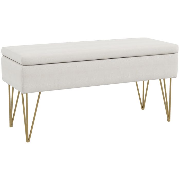 Banc bout de lit - HOMCOM - banquette coffre rangement 2 en 1 pieds épingle acier doré - lin - 100x40x49cm - crème