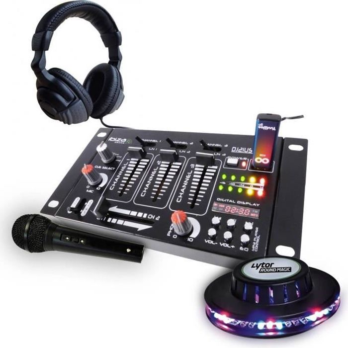 Table de mixage - Ibiza sound - casque DJ - micro noir - jeu de lumière effet UFO