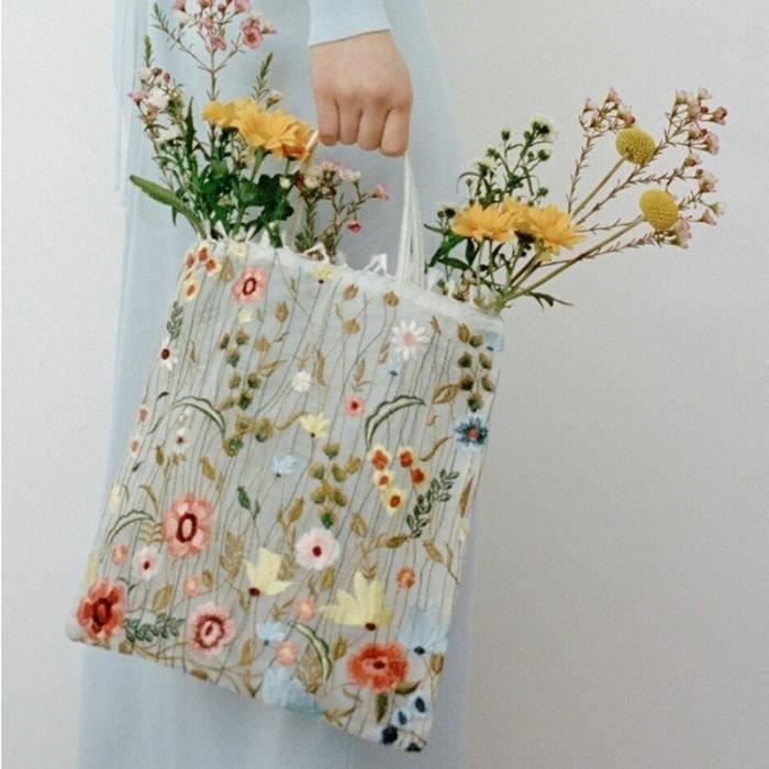 Sac Fourre-tout Panier Avec Appliques Fleurs - Beige Et Paille - Occasion - Dimensions 16x10x7 Pouces