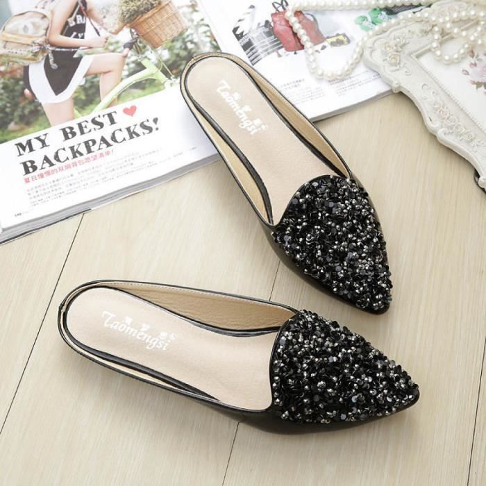 Chausson Femme Confort Noir Bout Pointu Diapositives Strass Mules Dames Appartements Cuir Verni Sandales Grande Blanc Noir Noir Achat Vente Chausson Pantoufle Cdiscount