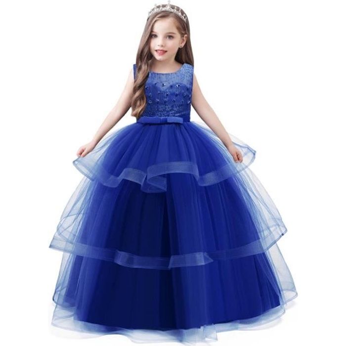 Robe De Soiree Princesse Fille En Tulle Robe Longue De Anniversaire Sans Manches Couleur Unie Bleu Cdiscount Pret A Porter