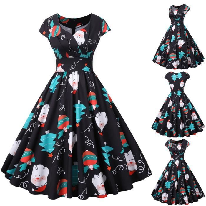 Robe De Bal à Manches Courtes Femme - Imprimé Noël Style Années 1950 Avec Écharpe - 11