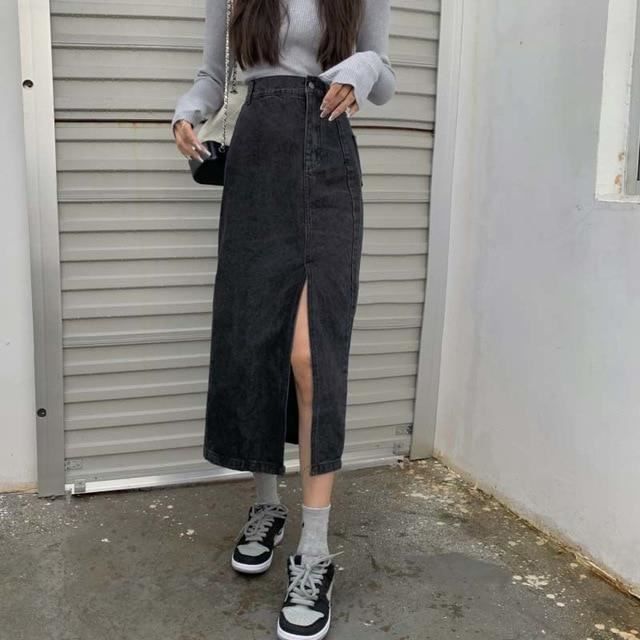 Jupe retro longue en jean taille haute avec bouton et poches fendu Type 056QDARK GRAY Blanc Cdiscount Pret a Porter
