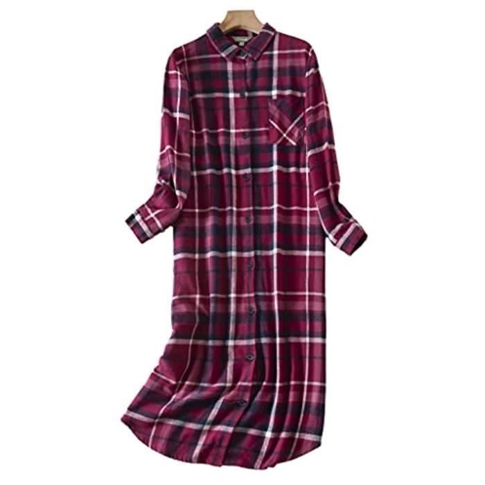 CHUNG Chemise De Nuit Longue Femme à Carreaux – Pyjama Flanelle Coton Doux Boutonné, Manches Longues Chaudes Et Confortables
