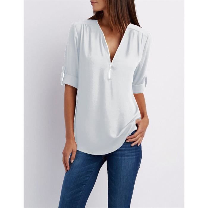 Chemisier Femme Odosalii - Carreaux, Col V, Manches 3/4 - Tissu Extensible Confortable - Tunique Casual
