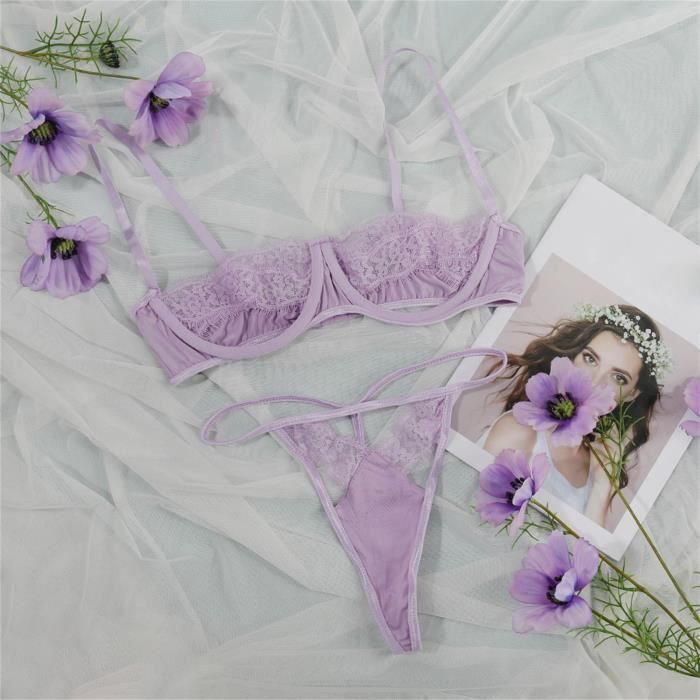 Ensemble de sous-v??tements sexy fendus en dentelle transparente pour femme SL Violet Violet 