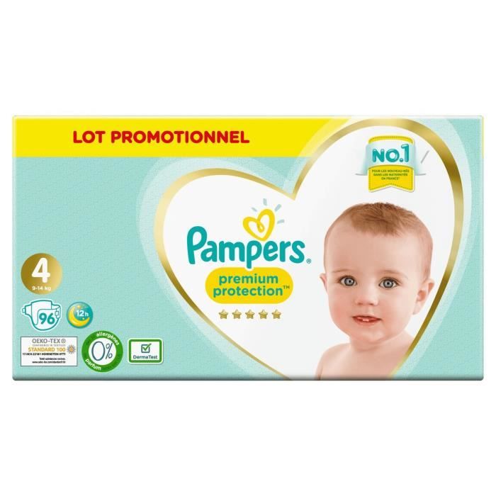 Couches PAMPERS Premium Protection Taille 4 - 96 Couches - 9kg-14kg