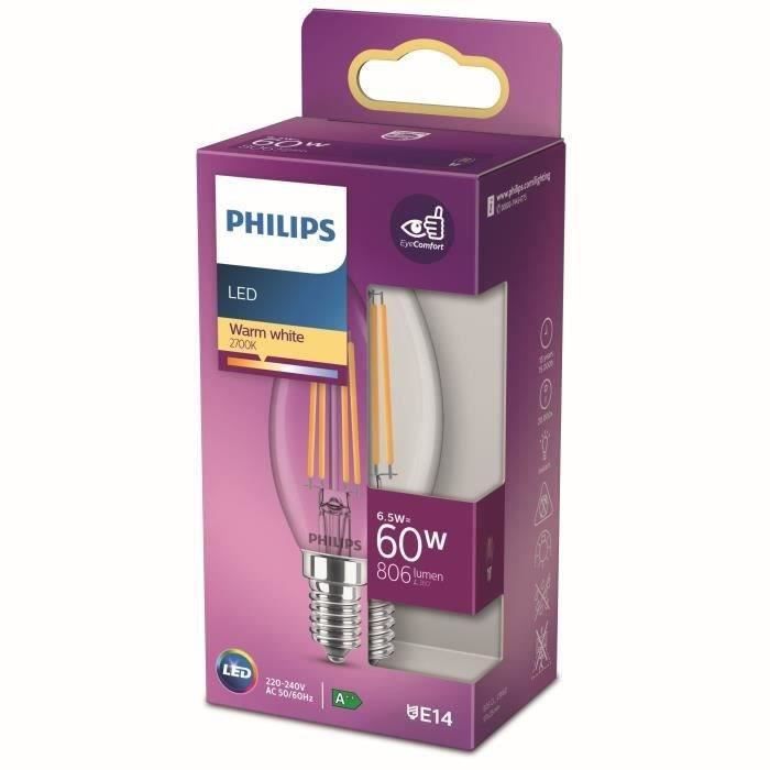 Ampoule LED Philips Equivalent 60W E14 Blanc chaud Non dimmable - Verre
