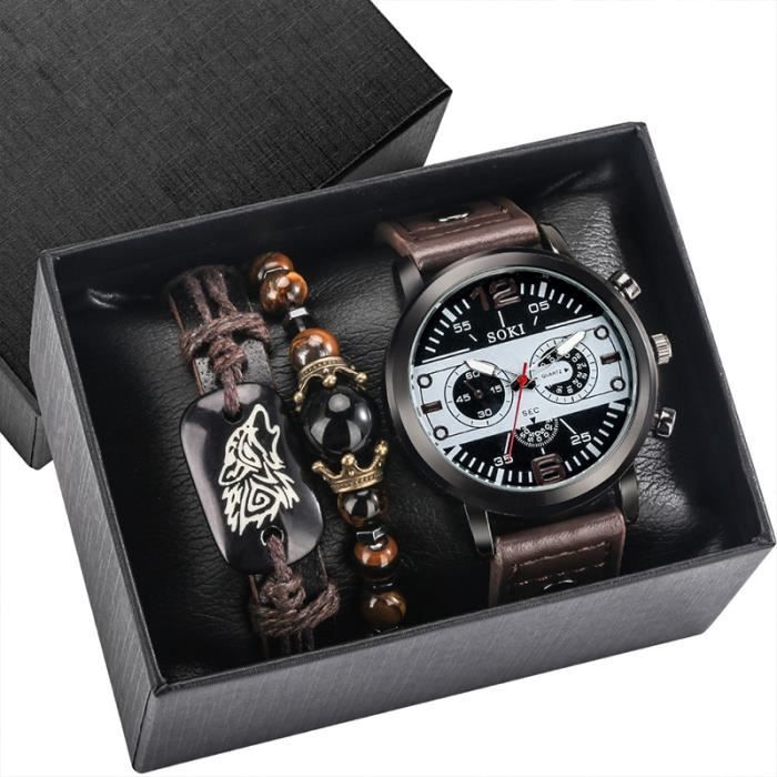 SHARPHY Coffret montre homme+ bracelets – mode tigre bracelet perlé chronographe bracelet en cuir marron tempérament cadeau