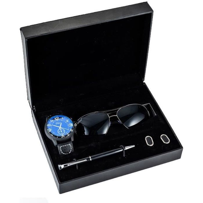 Coffret Cadeau Montre Homme + stylo + lunettes de soleil homme + boutons de manchette, Lot de 4 Coffret Cadeau homme Luxe 2020