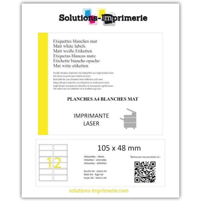 Printation 1200 Étiquettes Adresse 105x48 Mm - 100 Feuilles A4 12 Étiquettes/Feuille - Imprimantes Laser/Jet D'Encre