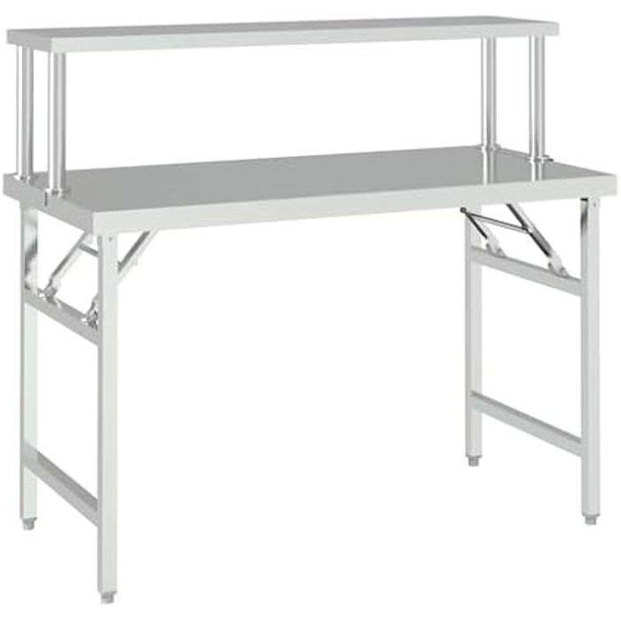 Table de Cuisine - VIDAXL - 120x60x115 cm - Acier Inoxydable - Pliable - Etagère Intégrée