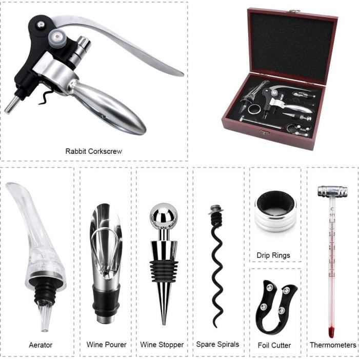 Kit Ouvre-vin 9 Pièces Style Lapin - Avec Coupe-capsule, Pompe, Thermomètre Et Anneaux Anti-gouttes, Cadeau Parfait