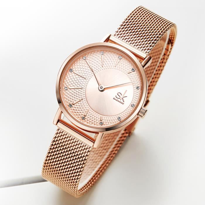 Montre Bracelet Femme GLAM à Quartz - Cadran Argenté Diamanté - Bracelet Rose Cuir - Neuf