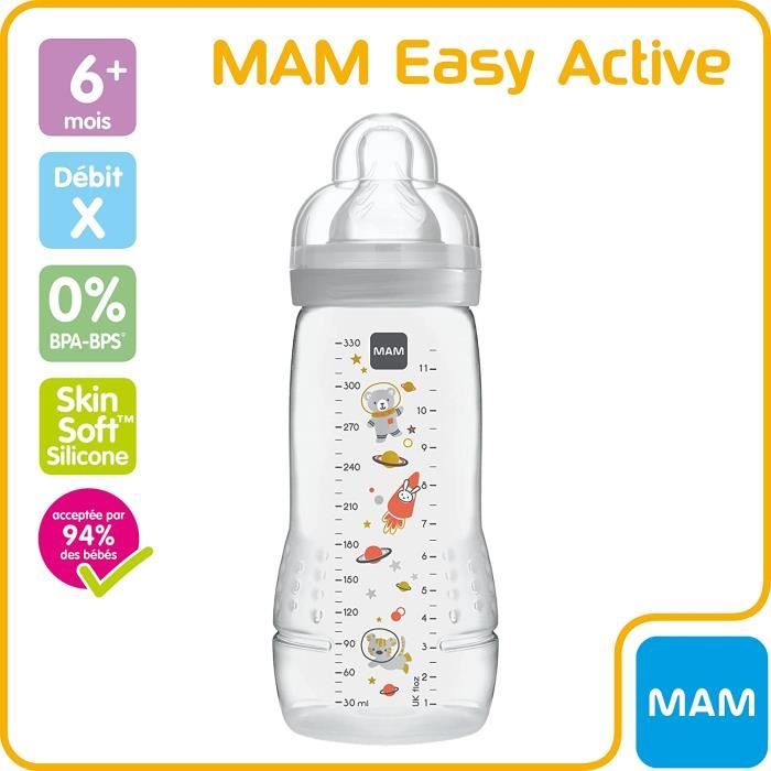 MAM Biberon Easy Active 2e âge, 330 ml – 6+ mois – Tétine débit X, vitesse  ultra-rapide – Bleu : : Bébé et Puériculture