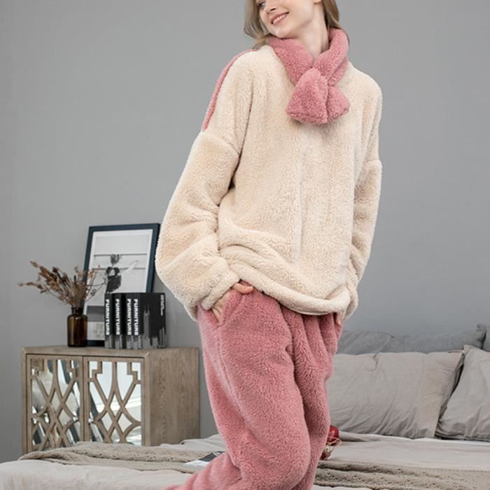 Pyjama Femme Grande Taille Hiver - Ensemble 2 Pièces Polaire, Haut Col V, Poches, Confortable Pour Maison Et Maternité