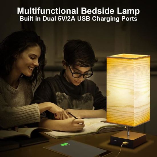 Lampe de Chevet USB, Lampe de Bureau de Chevet Minimaliste en Coton avec  Port de Charge, Lampes pour Chambres, Abat-Jour en Tissu Ambiant 