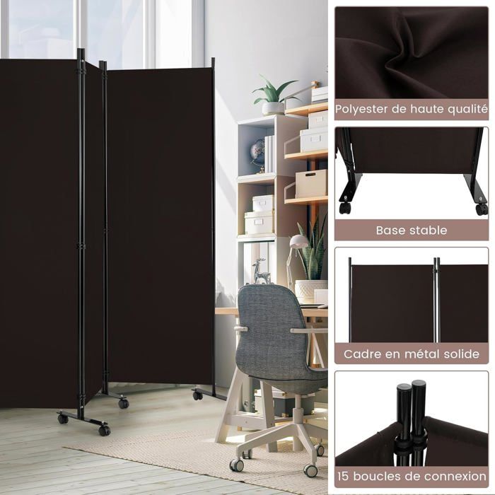 Paravent à 4 Panneaux Pliable 220x173cm Cloison De Séparation Cadre En Fer Tissu En Fibre Polyester Pour Bureau Maison Noir Blanc