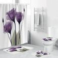 4pcs Kit De Tapis de Bains Toilettes Housse Couvercle Toilette Antidérapant Absorbant Fleurs Violettes Imprimer en Flanelle-0