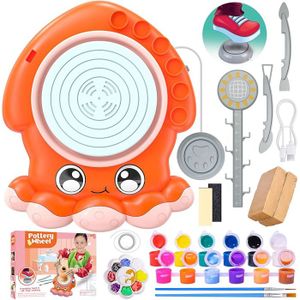 Tour De Potier Électrique Enfant – Kit Argile + Couleurs + Outils + Tablier – 2 Vitesses – Design Pieuvre – Dès 6 Ans