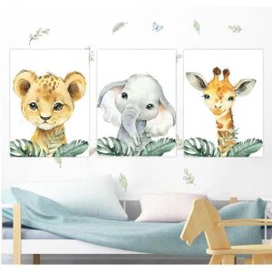 Lot de 3 Affiche Animaux Safari Poster Jungle Girafe Zebre Lion Tableau Murale 30x40 Enfant Bebe Garcon Fille Chambre Toile Decoration Cadeau sans Cadre 