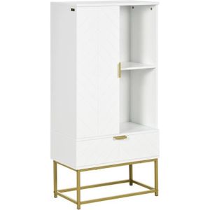 MEUBLE BAS COMMODE SDB Meuble bas de salle de bain design - porte, étagère, tiroir, 2 niches, 1 tiroir - acier doré MDF blanc 60x30x120cm Blanc