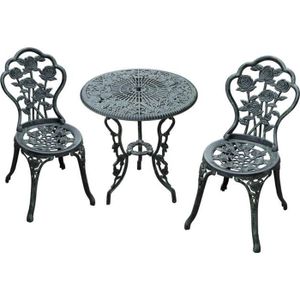 Ensemble table et chaise de jardin Ensemble salon de jardin - OUTSUNNY - 2 places - Fonte d'aluminium - Motif rose - Vert vieilli