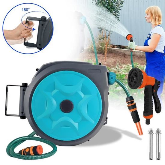 Dévidoir Mural Automatique Pour Tuyau D'arrosage 15 M – Pivotant 180°, Avec Lance, Support Inclus