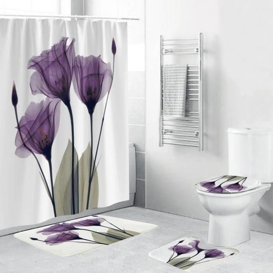 4pcs Kit De Tapis de Bains Toilettes Housse Couvercle Toilette Antidérapant Absorbant Fleurs Violettes Imprimer en Flanelle