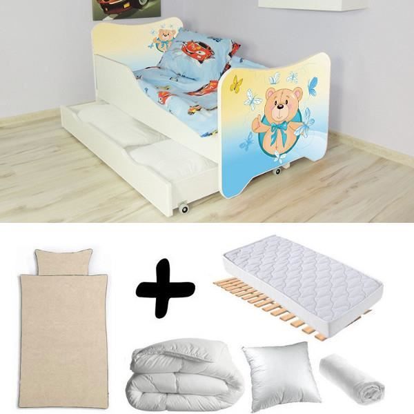 Pack complet Lit tiroir junior Ourson = Lit+Matelas & Parure+Couette+Oreiller