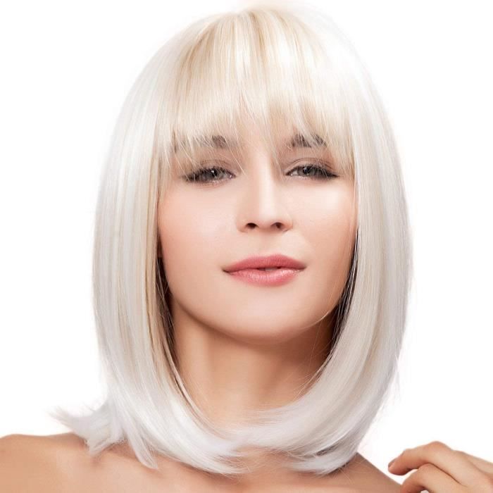 Perruque cheveux courts raides, blonds et ultra naturels, style coupe au carré, résistante à la chaleur