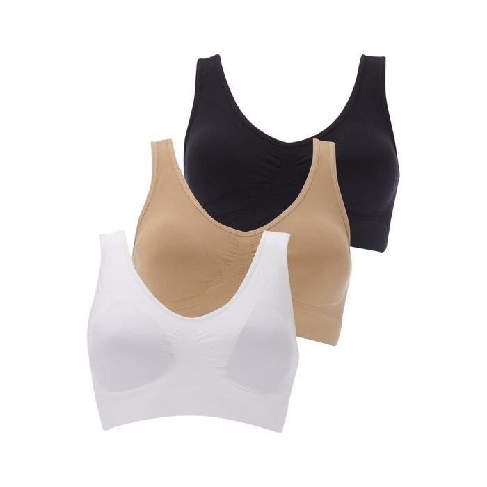 BOOLAVARD® Jeu de 3 Confort et Sport Soutien-gorge: Formulaire sans fil Top Bustier, sans soudure, Respirant - blanc, noir et peau