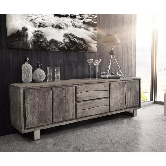 Meuble-TV Live-Edge acacia platine 200 cm 4 portes 2 tiroirs bordure d'arbre Lowboard
