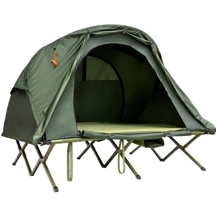 GOPLUS Lit de Camping pour 2 Personnes,Charge 300KG,Tente Pliable avec Auvent Détachable,Lit Double Surélevé/Tapis de Couchage,Vert