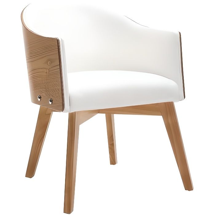 Miliboo - Fauteuil design bois clair et PU blanc NORDECO