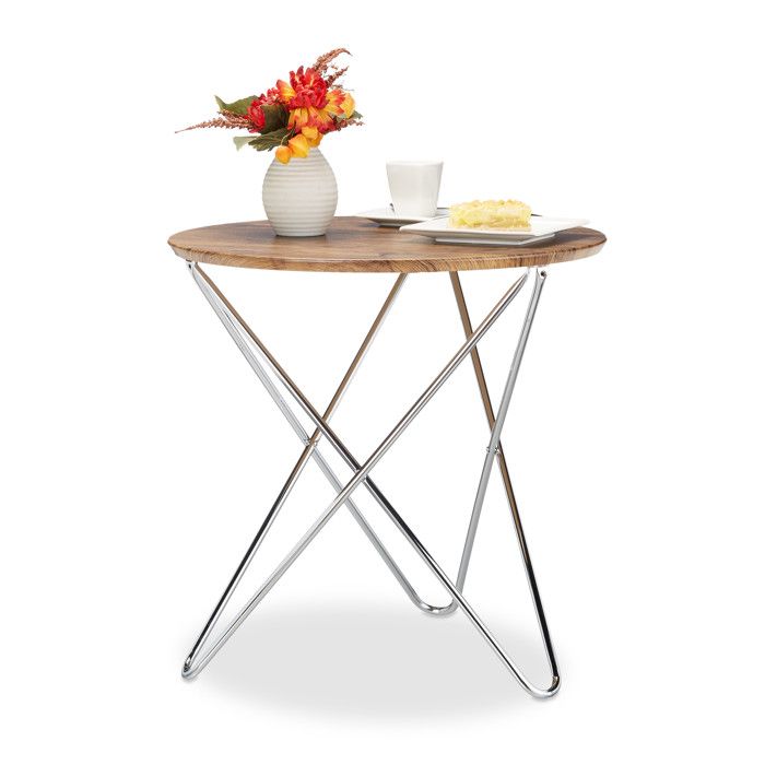 Relaxdays Table d’appoint ronde, table basse en bois look vintage pieds croisés, nature - 4052025963194