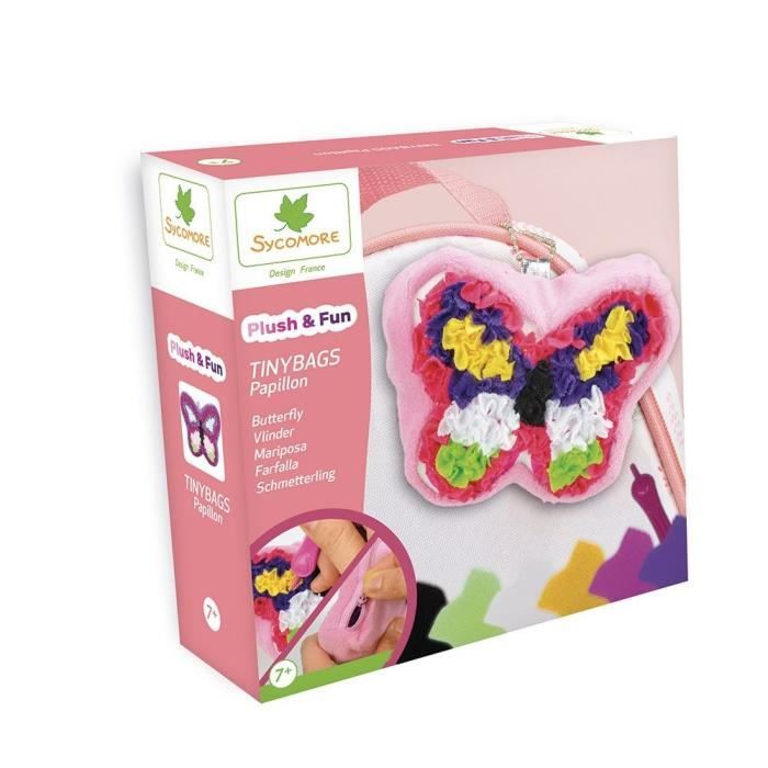 SYCOMORE Plush'n fun tinybags Papillon - 1 sac porte clé - 1 outil - 500 pièces de tissu - 3 accessoires - 1 notice
