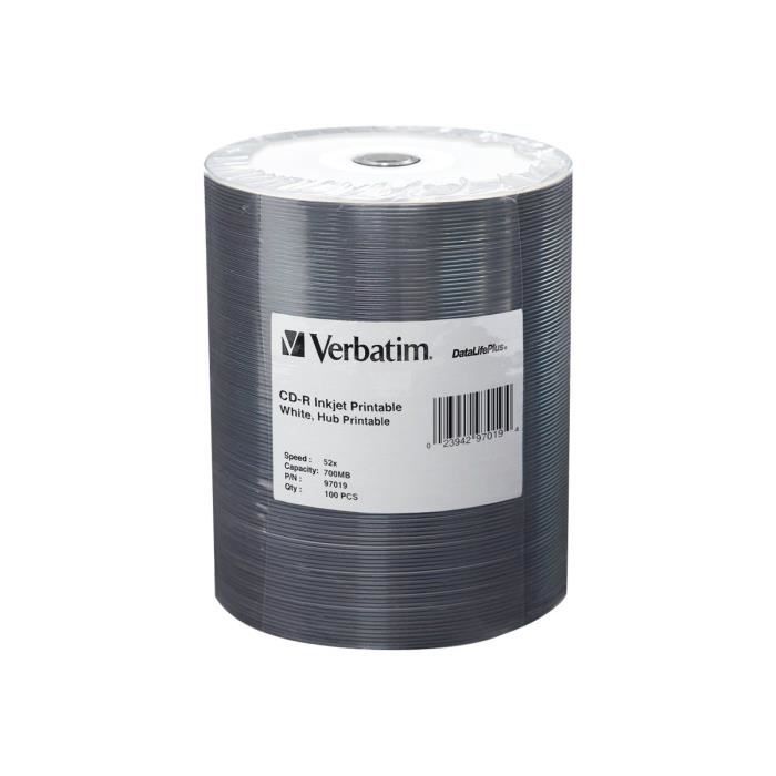Verbatim DataLifePlus 100 x CD-R 700 Mo (80 min) 52x blanc surface imprimable par jet d'encre, noyau intérieur imprimable spindle