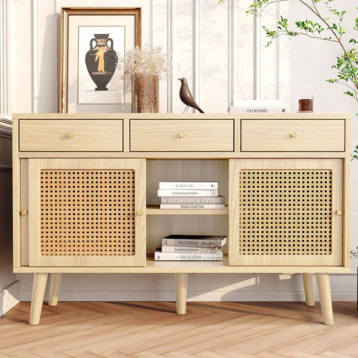 Buffet commode Armoire cannage rotin sur les façades de porte poignée en métal doré étagères réglables Naturel Buffet commode Armoire cannage rotin sur les façades de porte poignée en métal doré étagères réglables Naturel