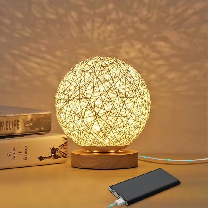 Rotin Lumière de Nuit Lampe de table en bois avec abat-jour tissé à la main USB rechargeable Blanc Rotin Lumière de Nuit Lampe de table en bois avec abat-jour tissé à la main USB rechargeable Blanc