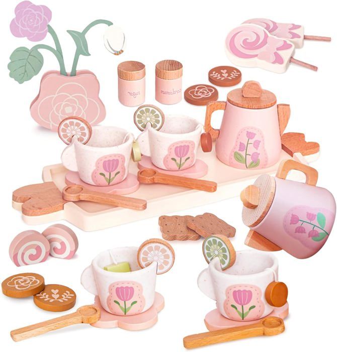 AOLEVA – Service à Thé En Bois Pour Enfants, Avec Plateau 29,5 X 17,5 Cm, Dinette 3-5 Ans