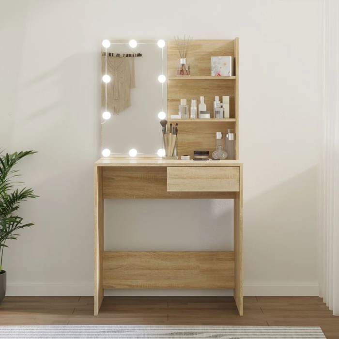 SALE 2025Coiffeuse meuble moderne à femmes - Coiffeuse avec LED - Chêne sonoma - 74 5x40x141cm - bois dingénierie 27 3 Kg 4142