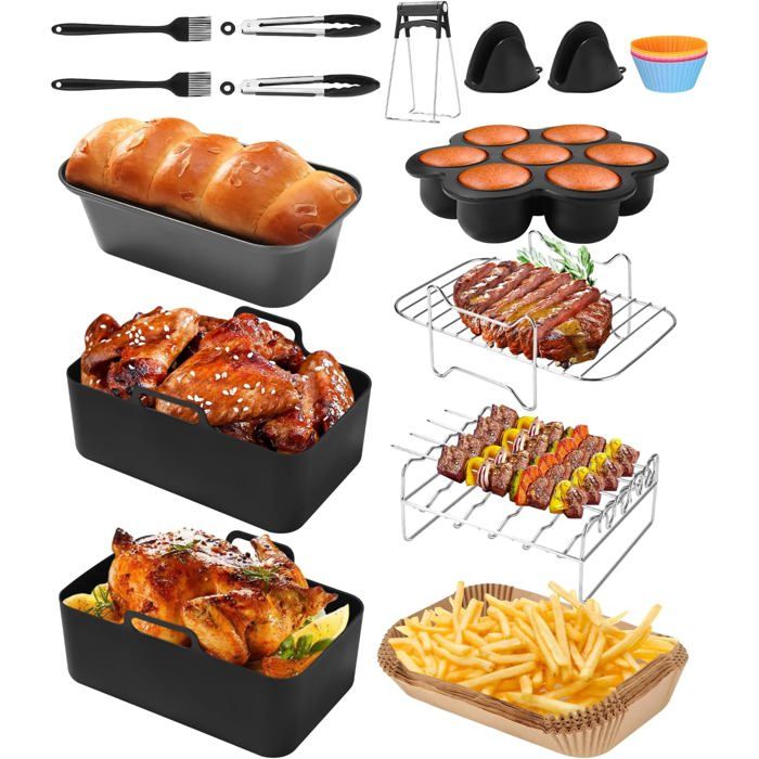 Kit De 14 Accessoires Pour Friteuse Sans Huile Ninja Foodi AF300/400/451 Et Autres Marques 7.6L-9.5L - Acier Inox Et Silicone